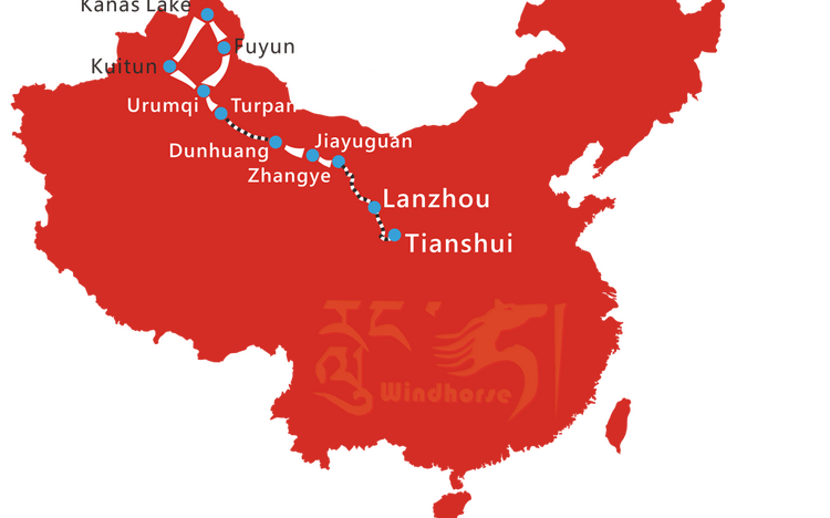 Map of 16 Day China Silk Road with Kanas Lake Tour